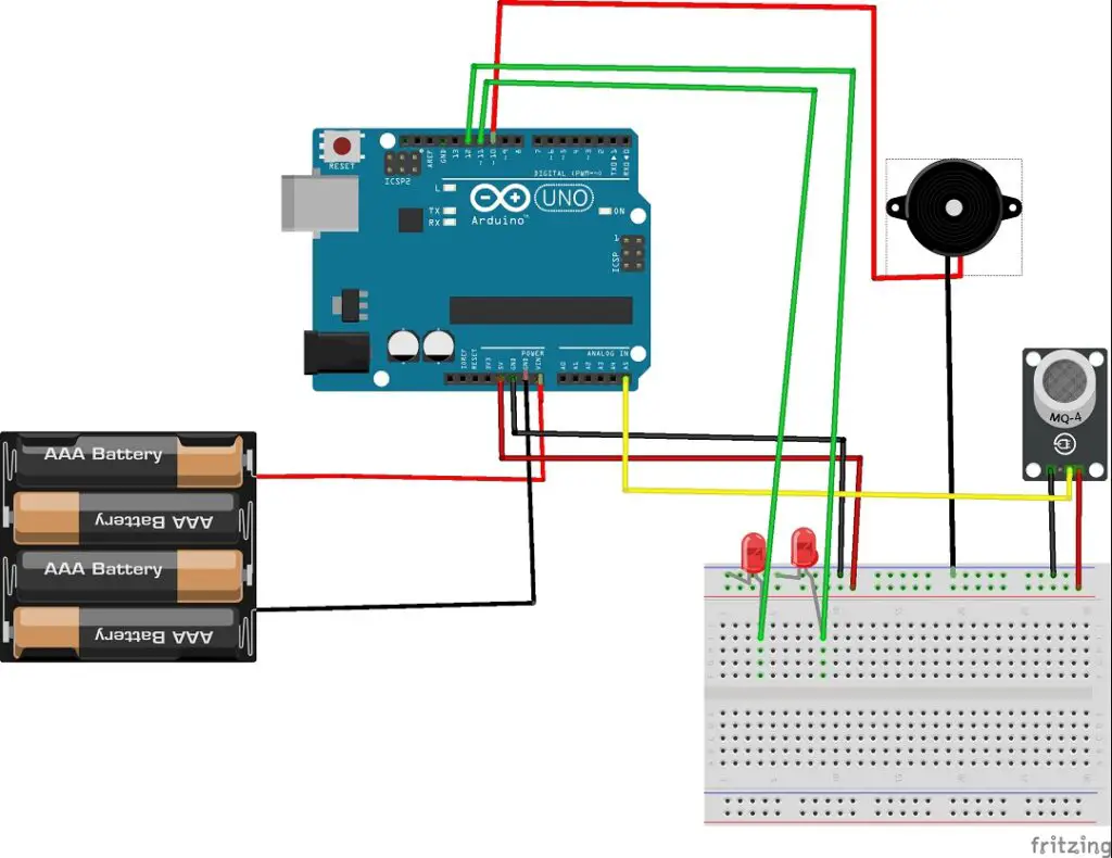 Gas Leakage Detection using Arduino circuit diagram