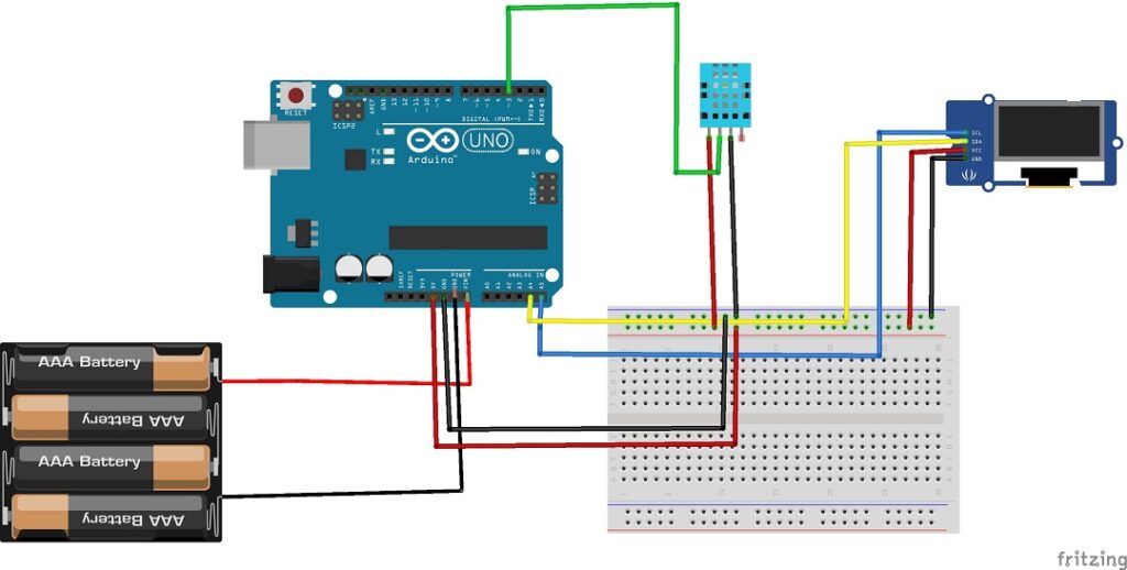 Circuit diagram for temperature and humidity measurement using Arduino Uno