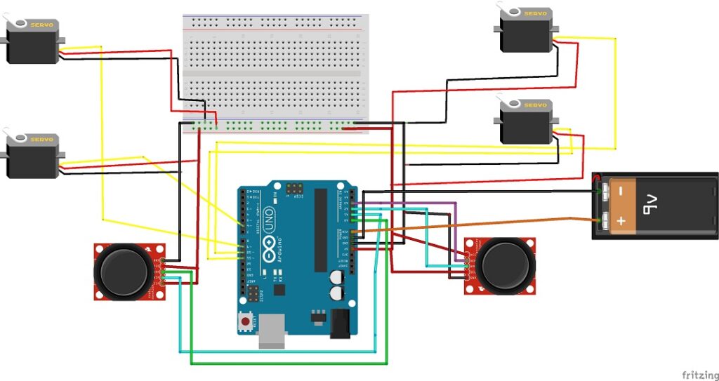 circuit diagram to Control Multiple Servo Motors With Joystick