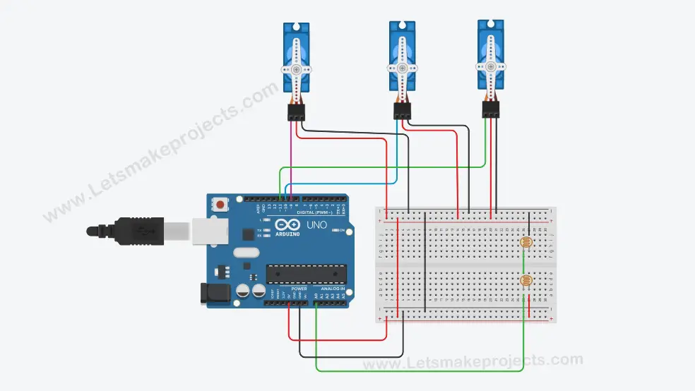 circuit diagram to Make Arduino Sunflower Robot